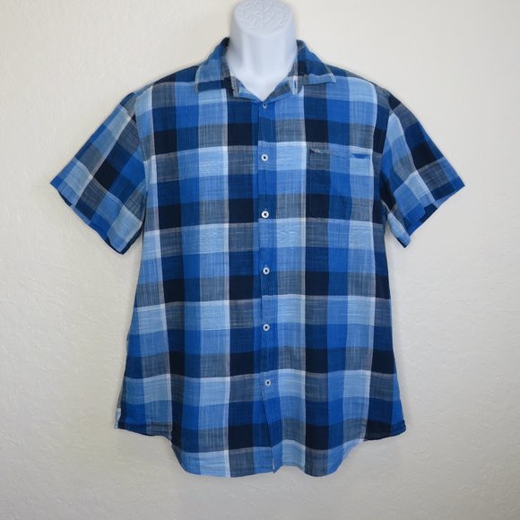 Good Man* Men's Short Sleeve Button Down Curved Hem Plaid Shirt~ Size Large - Picture 1 of 13